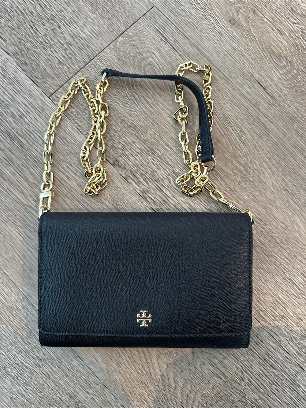Tory Burch Black Leather Crossbody with Gold Chain Strap